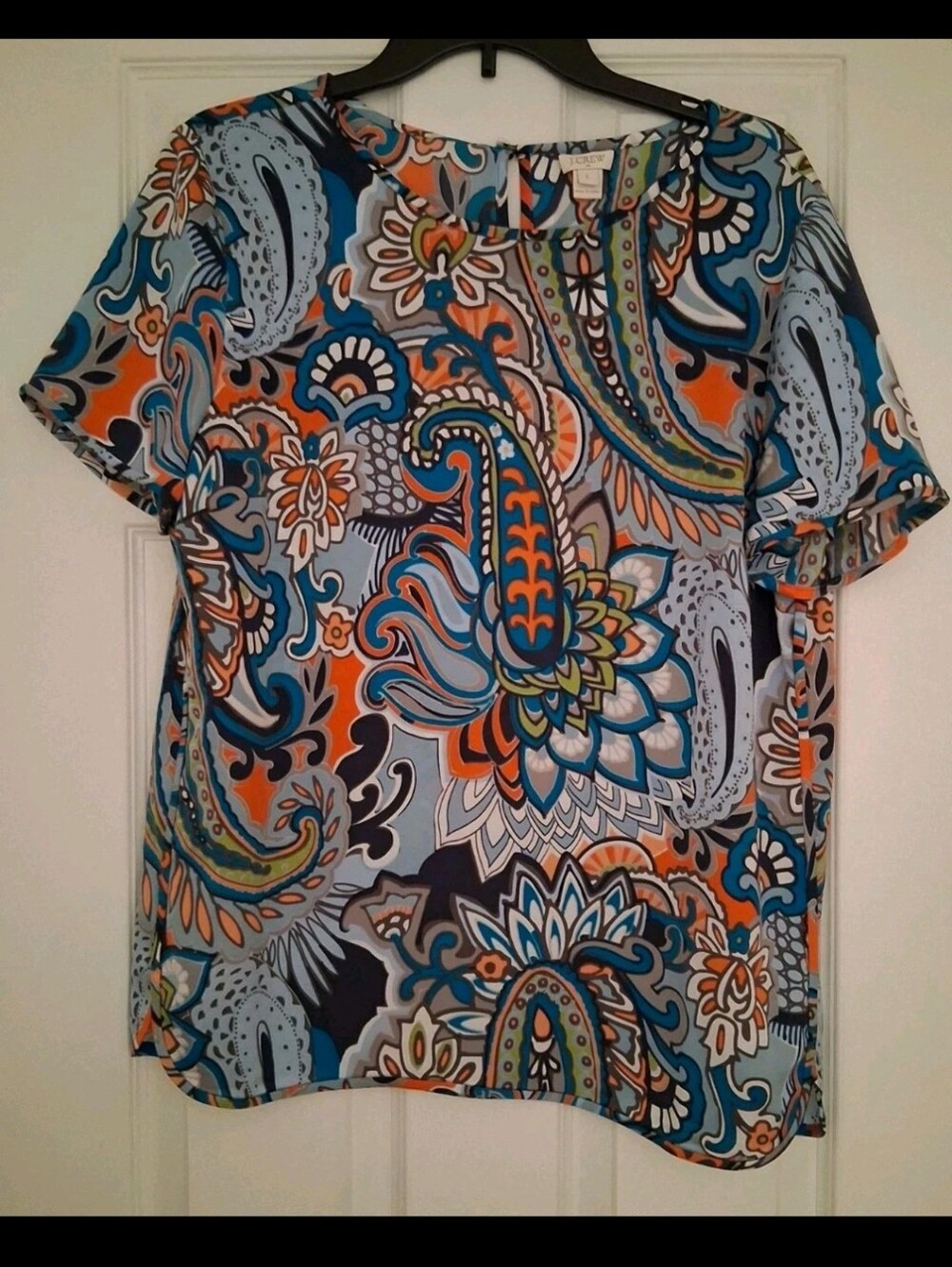 *J. Crew* Womens Blouse Size Large Multicolor Wild Pattern Short Sleeves Keyhole